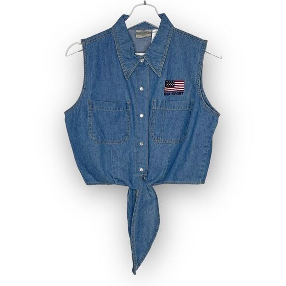 Vintage Denim Republic Denim Wash Sleeveless Button Up Crop Top Shirt Size Med - Picture 1 of 10
